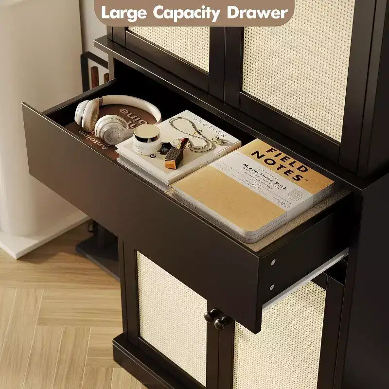 69 Modern Tall Rattan Storage Cabinet, Freestanding Cupboard with Doors, Adjustable Shelves, and Drawer for Bathroom, Dining Room, Living Room