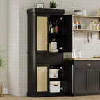 69 Modern Tall Rattan Storage Cabinet, Freestanding Cupboard with Doors, Adjustable Shelves, and Drawer for Bathroom, Dining Room, Living Room