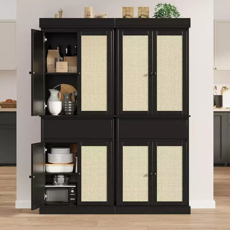 69 Modern Tall Rattan Storage Cabinet, Freestanding Cupboard with Doors, Adjustable Shelves, and Drawer for Bathroom, Dining Room, Living Room