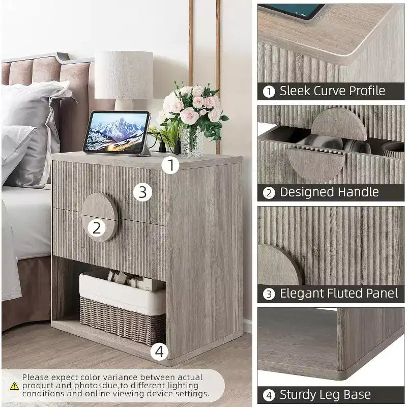 Table de chevet Acekool cannelée avec station de charge, table de chevet à 2 tiroirs, étagère ouverte, tables d'appoint modernes pour chambre, canapé, bureau