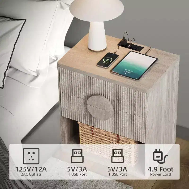 Table de chevet Acekool cannelée avec station de charge, table de chevet à 2 tiroirs, étagère ouverte, tables d'appoint modernes pour chambre, canapé, bureau