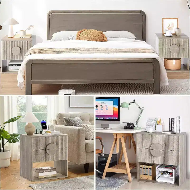 Table de chevet Acekool cannelée avec station de charge, table de chevet à 2 tiroirs, étagère ouverte, tables d'appoint modernes pour chambre, canapé, bureau