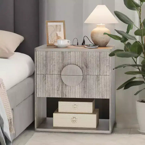 Acekool Fluted Nightstand with Charging Station, 2-Drawer Bedside Table, Open Shelf, Modern Side Tables for Bedroom, Sofa, Office