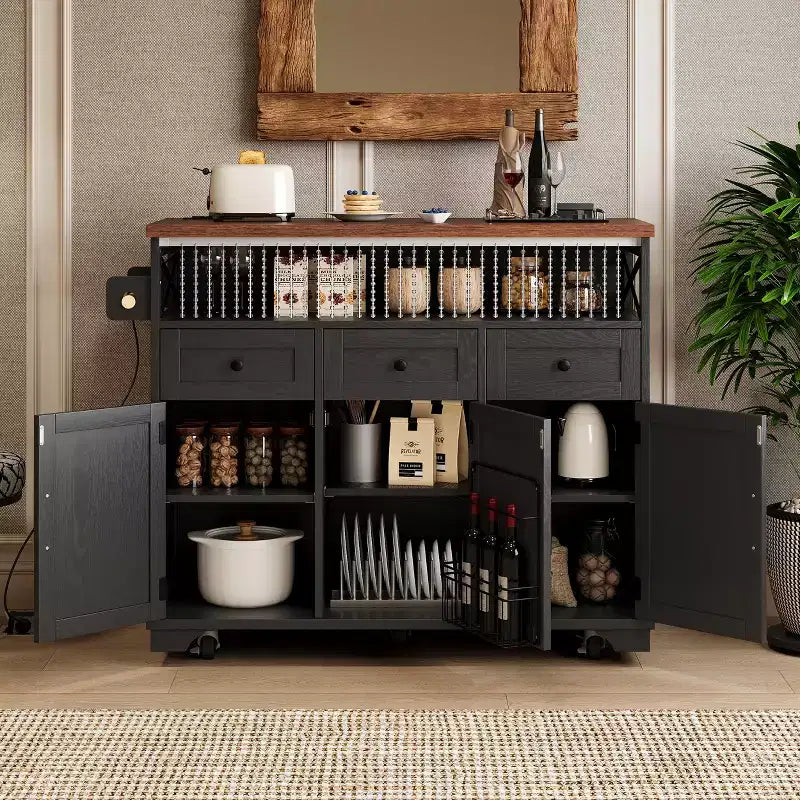 46.5 Farmhouse Kitchen Island with Power Outlet & Beaded Drape - Rolling Cart with Drop Leaf, 3 Drawers & Locking Wheels