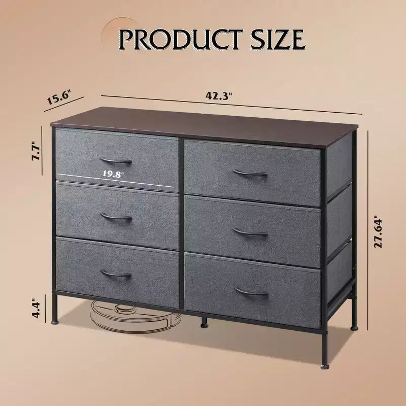 Commode large à 6 tiroirs, Meuble TV en tissu pour TV 50 pouces, Cadre en métal, Plateau en bois, Commode de rangement en tissu pour chambre, couloir, entrée,