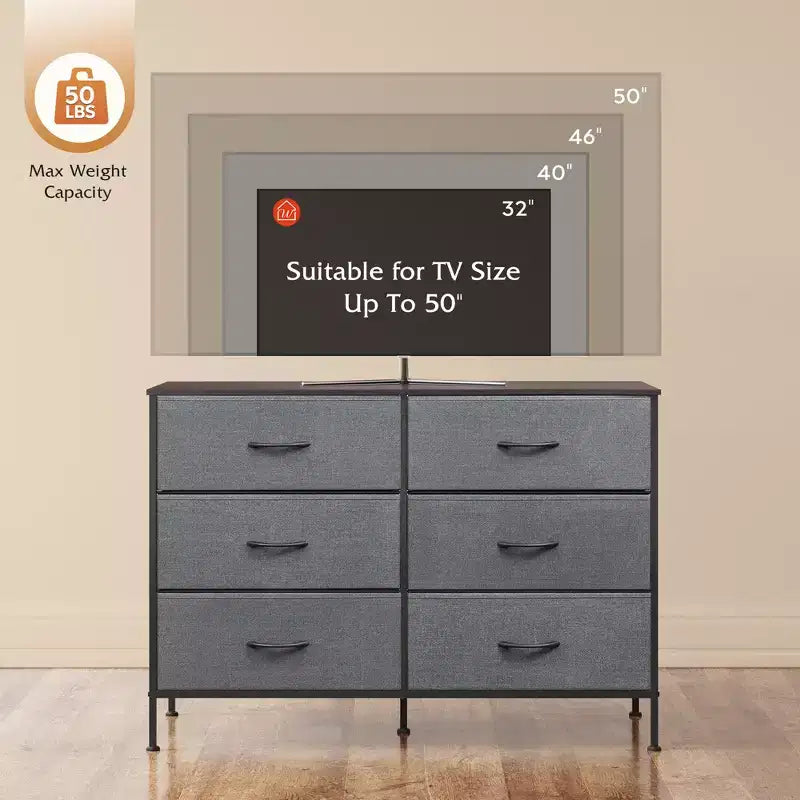 Commode large à 6 tiroirs, Meuble TV en tissu pour TV 50 pouces, Cadre en métal, Plateau en bois, Commode de rangement en tissu pour chambre, couloir, entrée,