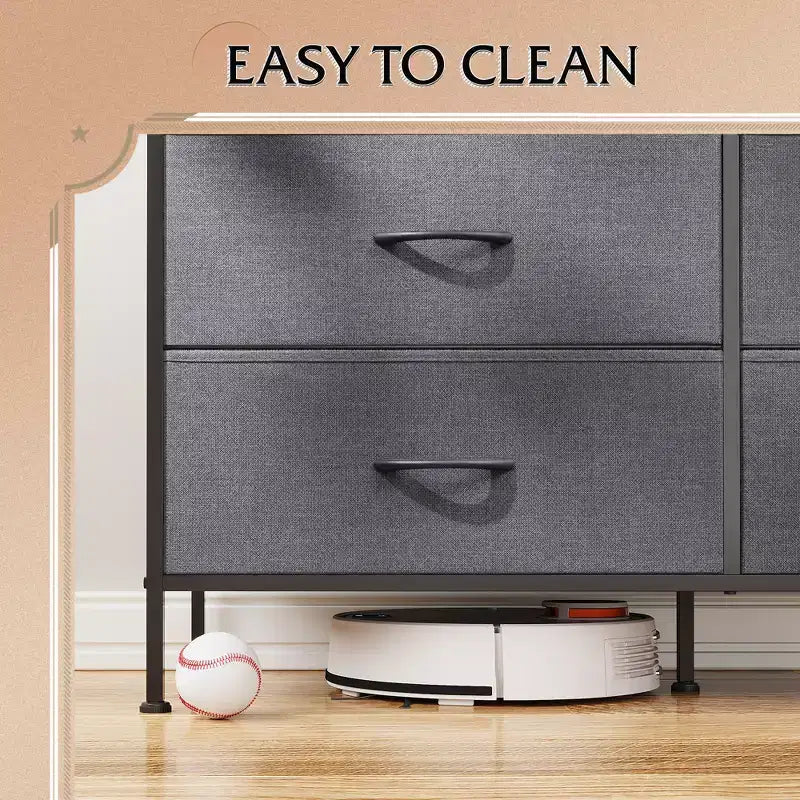 Commode large à 6 tiroirs, Meuble TV en tissu pour TV 50 pouces, Cadre en métal, Plateau en bois, Commode de rangement en tissu pour chambre, couloir, entrée,