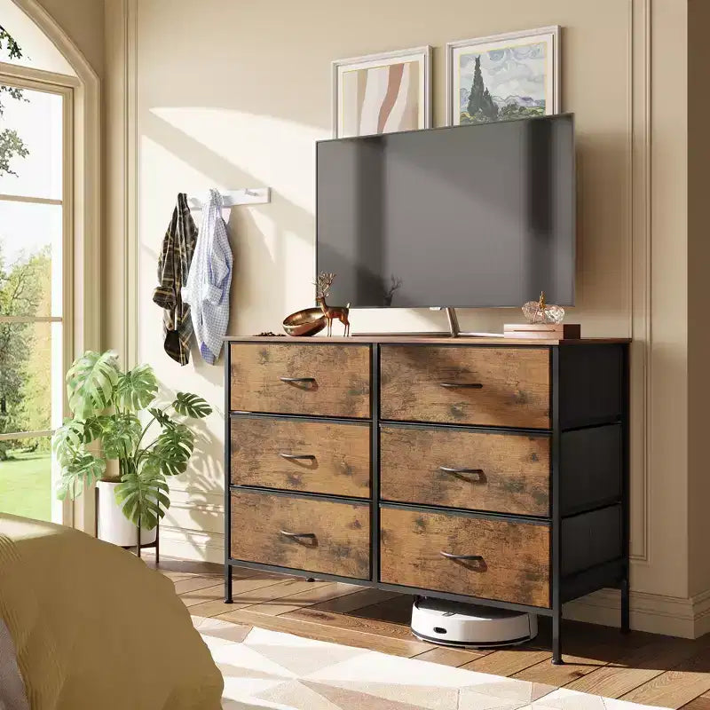 Commode large à 6 tiroirs, Meuble TV en tissu pour TV 50 pouces, Cadre en métal, Plateau en bois, Commode de rangement en tissu pour chambre, couloir, entrée,