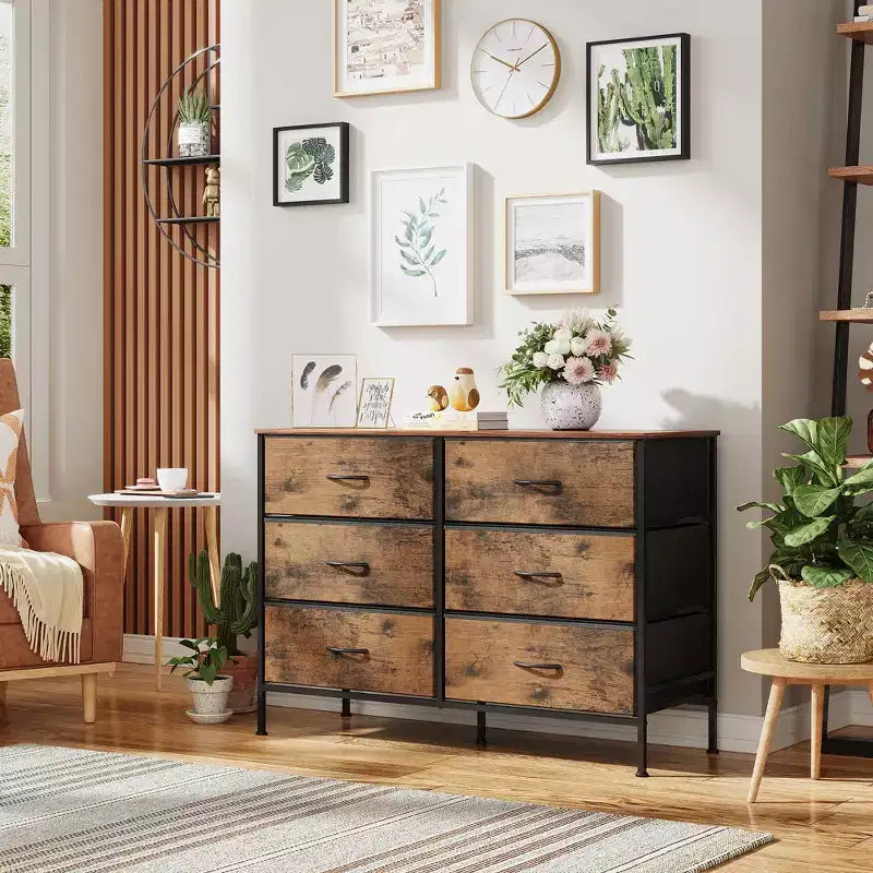 Commode large à 6 tiroirs, Meuble TV en tissu pour TV 50 pouces, Cadre en métal, Plateau en bois, Commode de rangement en tissu pour chambre, couloir, entrée,