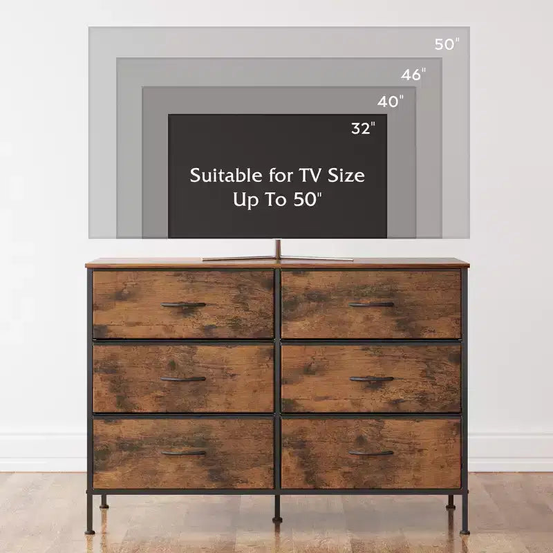 Commode large à 6 tiroirs, Meuble TV en tissu pour TV 50 pouces, Cadre en métal, Plateau en bois, Commode de rangement en tissu pour chambre, couloir, entrée,