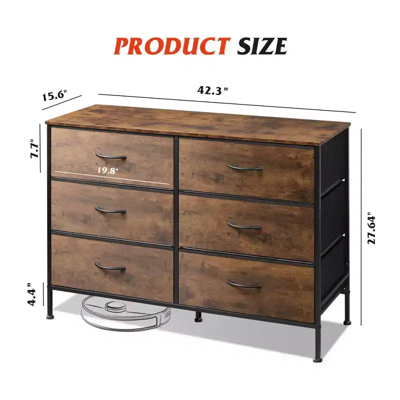 Commode large à 6 tiroirs, Meuble TV en tissu pour TV 50 pouces, Cadre en métal, Plateau en bois, Commode de rangement en tissu pour chambre, couloir, entrée,