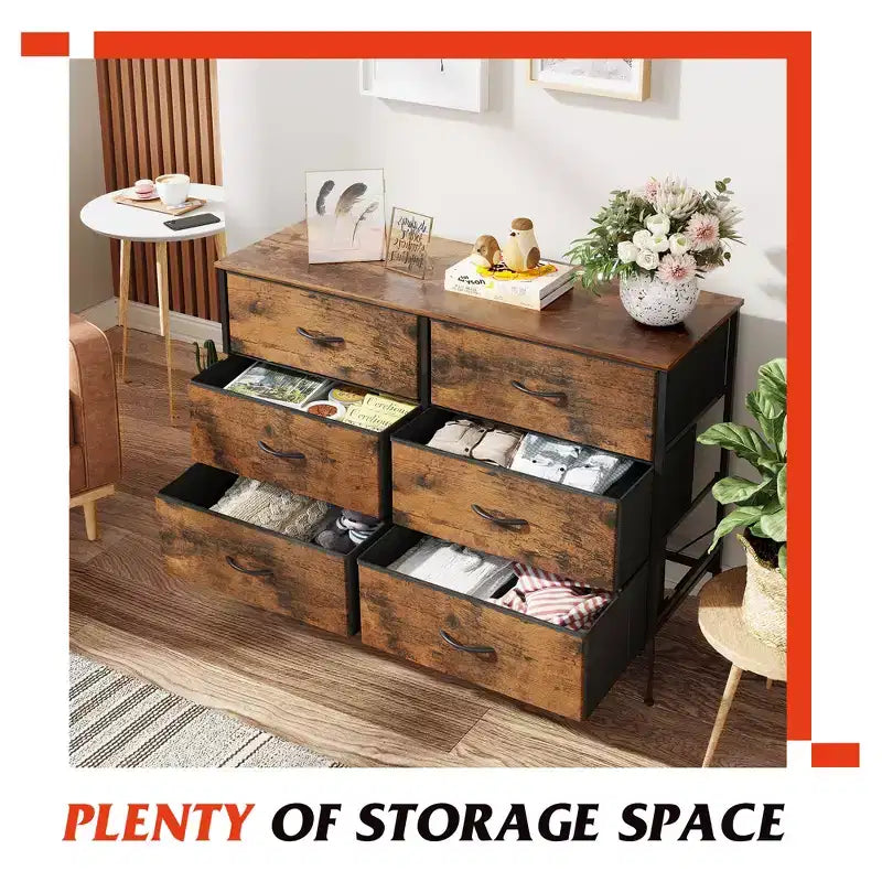Commode large à 6 tiroirs, Meuble TV en tissu pour TV 50 pouces, Cadre en métal, Plateau en bois, Commode de rangement en tissu pour chambre, couloir, entrée,