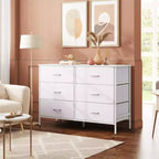 Commode large à 6 tiroirs, Meuble TV en tissu pour TV 50 pouces, Cadre en métal, Plateau en bois, Commode de rangement en tissu pour chambre, couloir, entrée,