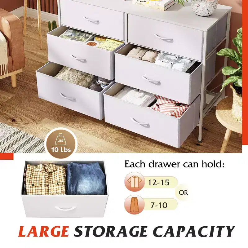 Commode large à 6 tiroirs, Meuble TV en tissu pour TV 50 pouces, Cadre en métal, Plateau en bois, Commode de rangement en tissu pour chambre, couloir, entrée,