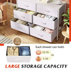 Commode large à 6 tiroirs, Meuble TV en tissu pour TV 50 pouces, Cadre en métal, Plateau en bois, Commode de rangement en tissu pour chambre, couloir, entrée,