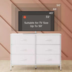 Commode large à 6 tiroirs, Meuble TV en tissu pour TV 50 pouces, Cadre en métal, Plateau en bois, Commode de rangement en tissu pour chambre, couloir, entrée,