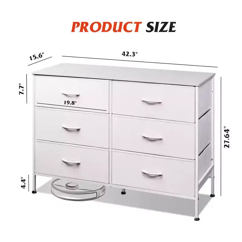 Commode large à 6 tiroirs, Meuble TV en tissu pour TV 50 pouces, Cadre en métal, Plateau en bois, Commode de rangement en tissu pour chambre, couloir, entrée,
