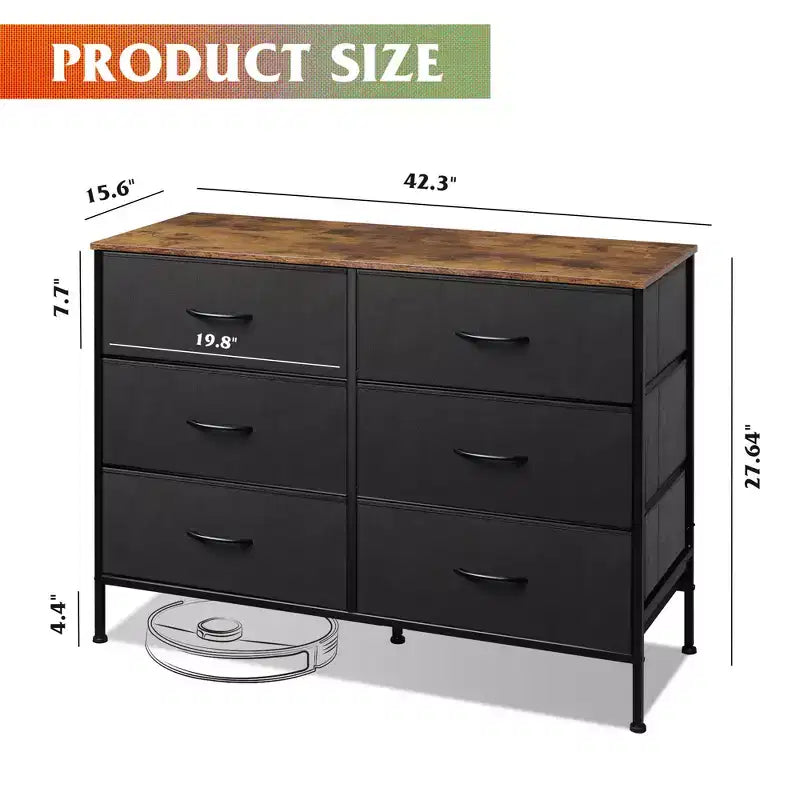 Commode large à 6 tiroirs, Meuble TV en tissu pour TV 50 pouces, Cadre en métal, Plateau en bois, Commode de rangement en tissu pour chambre, couloir, entrée,