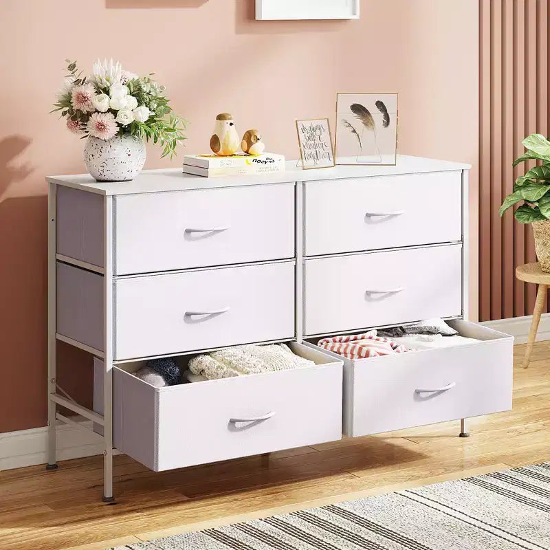 Commode large à 6 tiroirs, Meuble TV en tissu pour TV 50 pouces, Cadre en métal, Plateau en bois, Commode de rangement en tissu pour chambre, couloir, entrée,