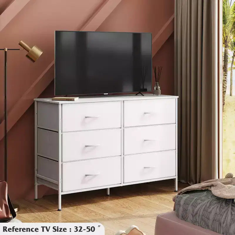 Commode large à 6 tiroirs, Meuble TV en tissu pour TV 50 pouces, Cadre en métal, Plateau en bois, Commode de rangement en tissu pour chambre, couloir, entrée,