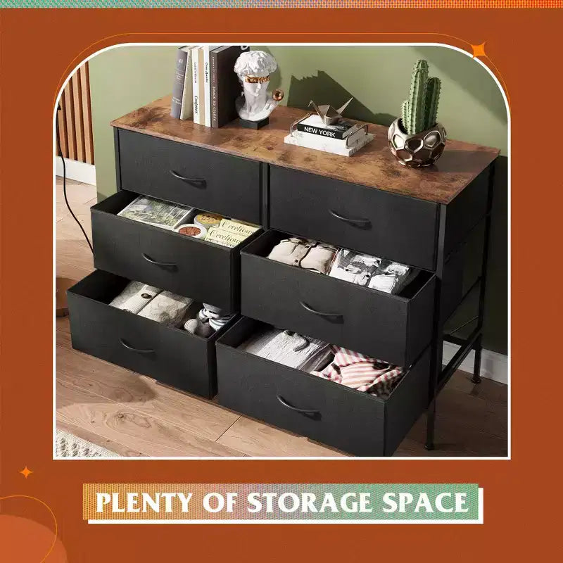 Commode large à 6 tiroirs, Meuble TV en tissu pour TV 50 pouces, Cadre en métal, Plateau en bois, Commode de rangement en tissu pour chambre, couloir, entrée,