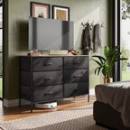 Commode large à 6 tiroirs, Meuble TV en tissu pour TV 50 pouces, Cadre en métal, Plateau en bois, Commode de rangement en tissu pour chambre, couloir, entrée,