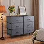 Commode large à 6 tiroirs, Meuble TV en tissu pour TV 50 pouces, Cadre en métal, Plateau en bois, Commode de rangement en tissu pour chambre, couloir, entrée,