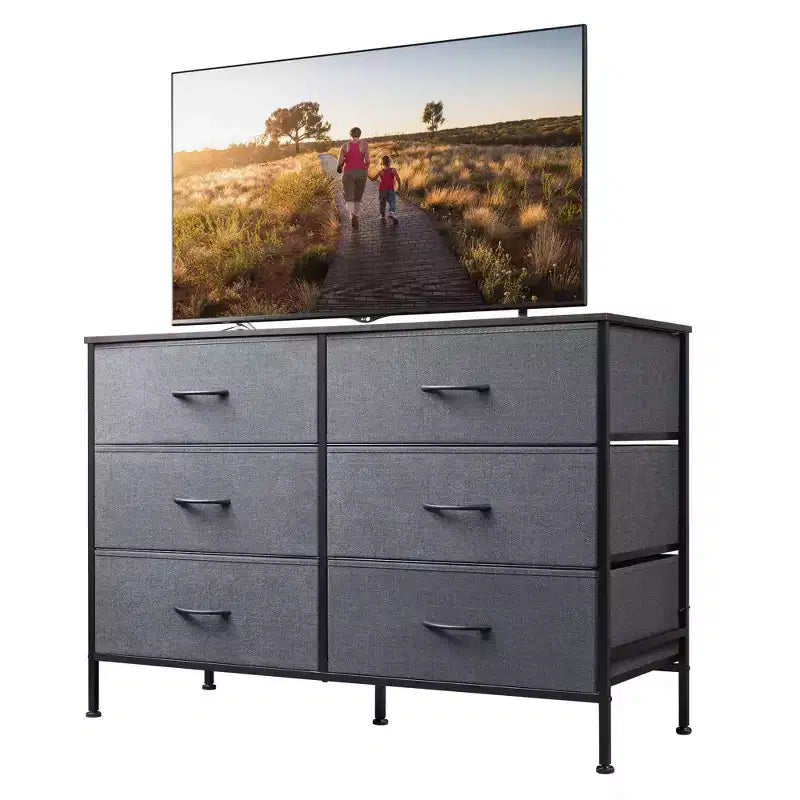 Commode large à 6 tiroirs, Meuble TV en tissu pour TV 50 pouces, Cadre en métal, Plateau en bois, Commode de rangement en tissu pour chambre, couloir, entrée,