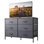 Commode large à 6 tiroirs, Meuble TV en tissu pour TV 50 pouces, Cadre en métal, Plateau en bois, Commode de rangement en tissu pour chambre, couloir, entrée,