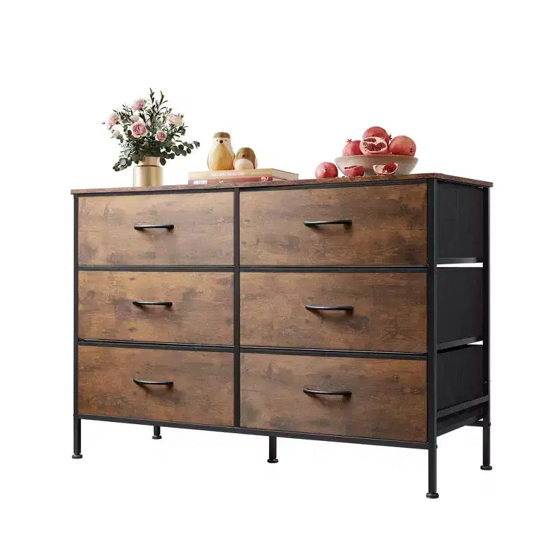 Commode large à 6 tiroirs, Meuble TV en tissu pour TV 50 pouces, Cadre en métal, Plateau en bois, Commode de rangement en tissu pour chambre, couloir, entrée,