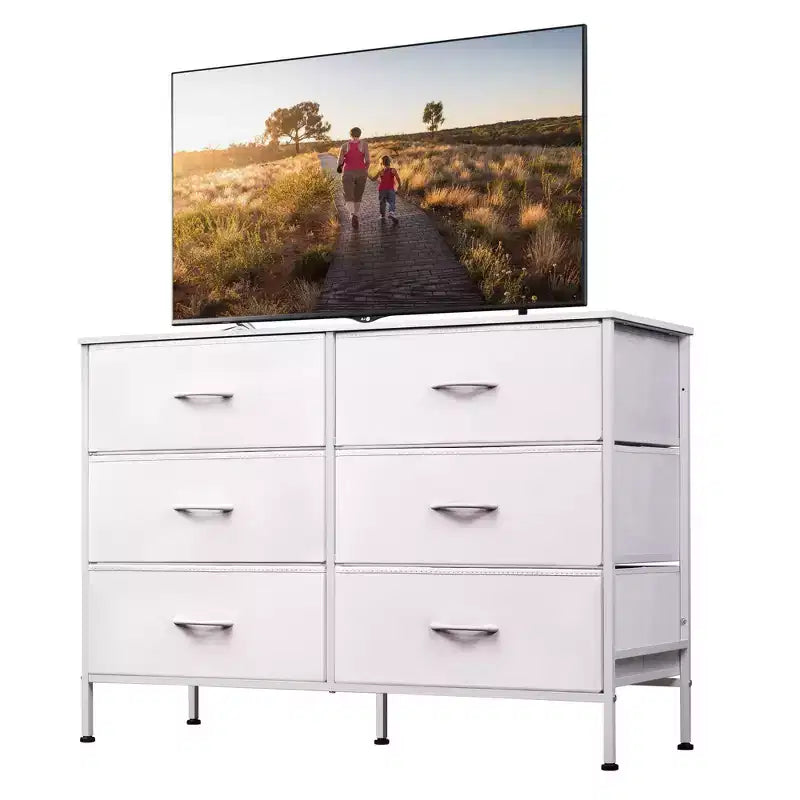 Commode large à 6 tiroirs, Meuble TV en tissu pour TV 50 pouces, Cadre en métal, Plateau en bois, Commode de rangement en tissu pour chambre, couloir, entrée,