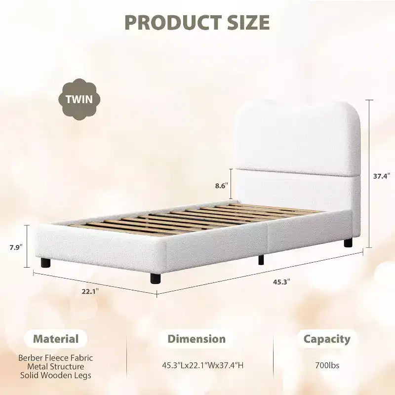 Cadre de lit Acekool pour enfants, tête de lit rembourrée en velours, lit plateforme discret, sommier tapissier non nécessaire, lattes en bois solides, sans bruit