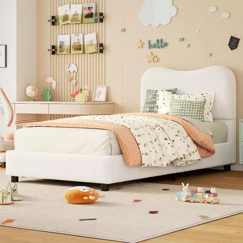 Cadre de lit Acekool pour enfants, tête de lit rembourrée en velours, lit plateforme discret, sommier tapissier non nécessaire, lattes en bois solides, sans bruit