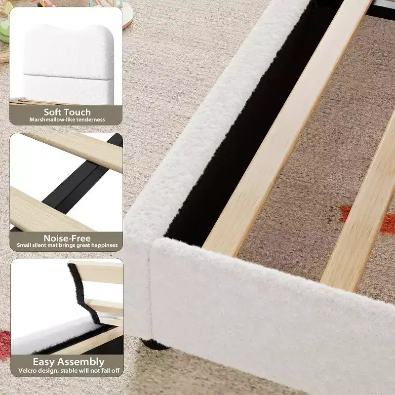 Cadre de lit Acekool pour enfants, tête de lit rembourrée en velours, lit plateforme discret, sommier tapissier non nécessaire, lattes en bois solides, sans bruit