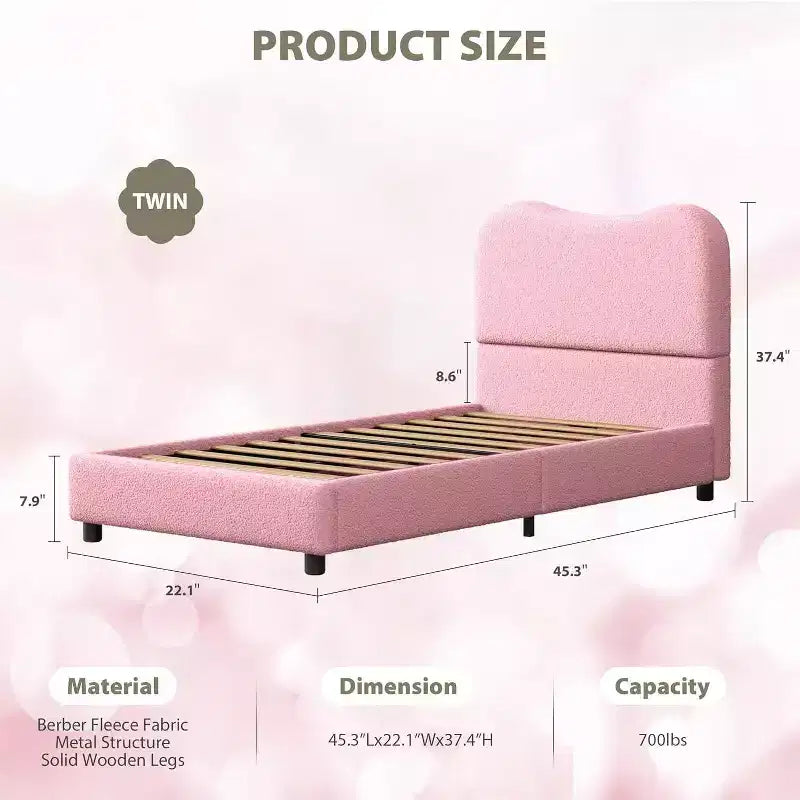 Cadre de lit Acekool pour enfants, tête de lit rembourrée en velours, lit plateforme discret, sommier tapissier non nécessaire, lattes en bois solides, sans bruit