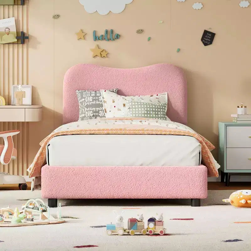 Cadre de lit Acekool pour enfants, tête de lit rembourrée en velours, lit plateforme discret, sommier tapissier non nécessaire, lattes en bois solides, sans bruit
