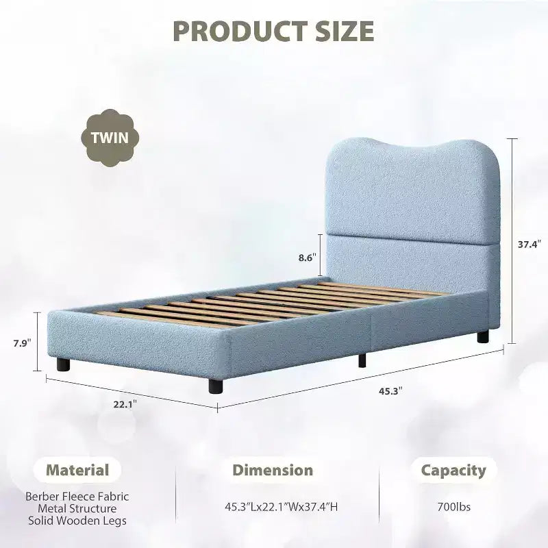 Cadre de lit Acekool pour enfants, tête de lit rembourrée en velours, lit plateforme discret, sommier tapissier non nécessaire, lattes en bois solides, sans bruit