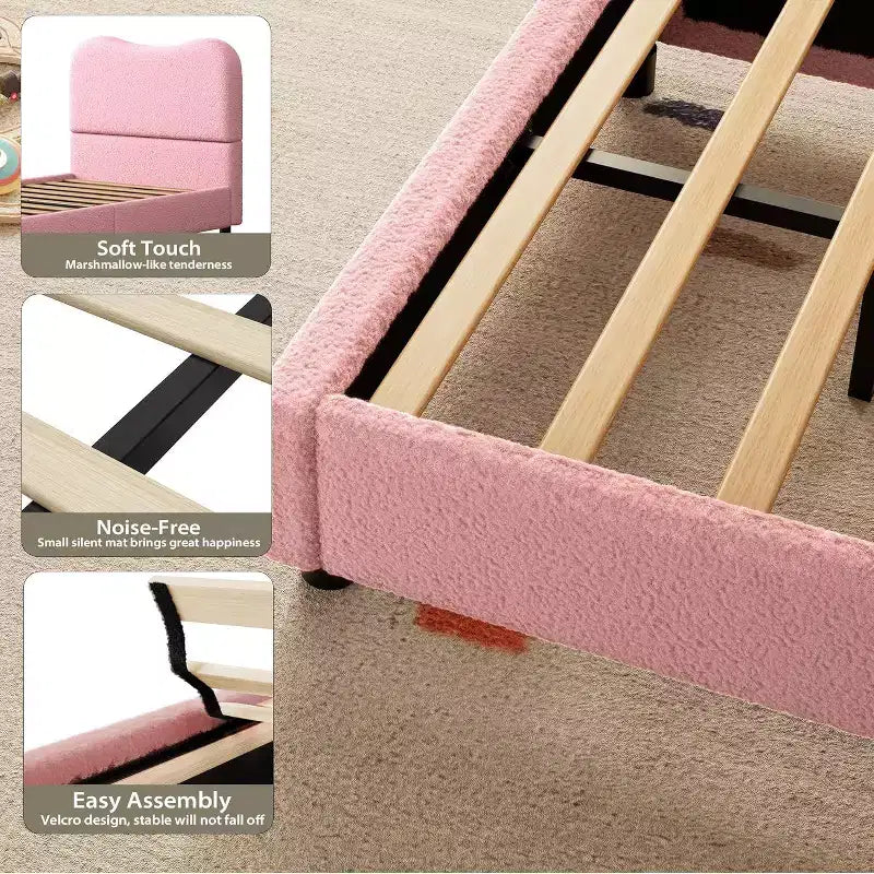 Cadre de lit Acekool pour enfants, tête de lit rembourrée en velours, lit plateforme discret, sommier tapissier non nécessaire, lattes en bois solides, sans bruit