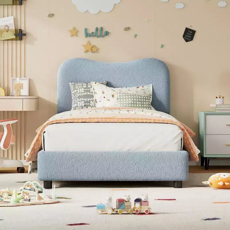 Cadre de lit Acekool pour enfants, tête de lit rembourrée en velours, lit plateforme discret, sommier tapissier non nécessaire, lattes en bois solides, sans bruit
