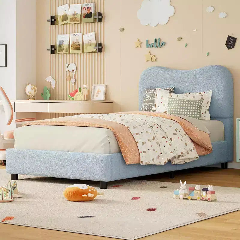 Cadre de lit Acekool pour enfants, tête de lit rembourrée en velours, lit plateforme discret, sommier tapissier non nécessaire, lattes en bois solides, sans bruit