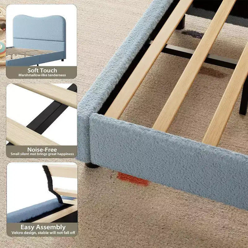 Cadre de lit Acekool pour enfants, tête de lit rembourrée en velours, lit plateforme discret, sommier tapissier non nécessaire, lattes en bois solides, sans bruit