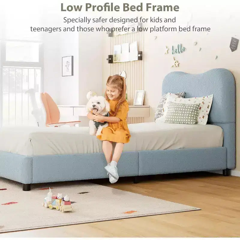 Cadre de lit Acekool pour enfants, tête de lit rembourrée en velours, lit plateforme discret, sommier tapissier non nécessaire, lattes en bois solides, sans bruit