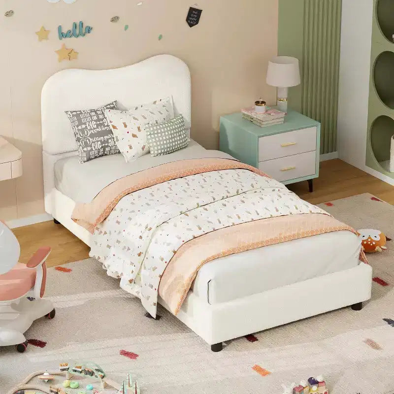 Cadre de lit Acekool pour enfants, tête de lit rembourrée en velours, lit plateforme discret, sommier tapissier non nécessaire, lattes en bois solides, sans bruit