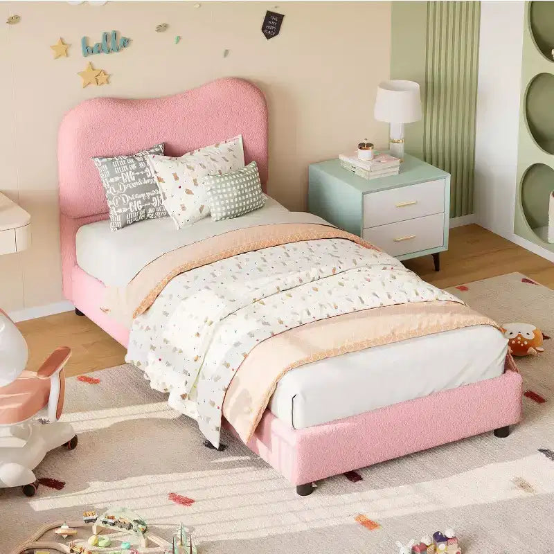 Cadre de lit Acekool pour enfants, tête de lit rembourrée en velours, lit plateforme discret, sommier tapissier non nécessaire, lattes en bois solides, sans bruit