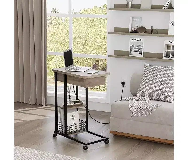 C-Shaped Foldable Side Table with Built-In Charging Station, USB Ports, and Outlets for Living Room and Bedroom - Compact, Narrow Design