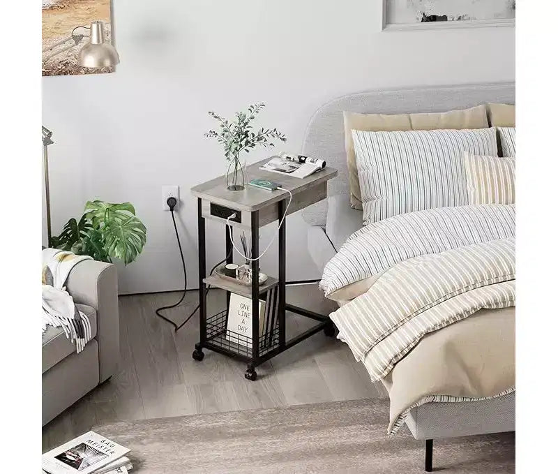 C-Shaped Foldable Side Table with Built-In Charging Station, USB Ports, and Outlets for Living Room and Bedroom - Compact, Narrow Design