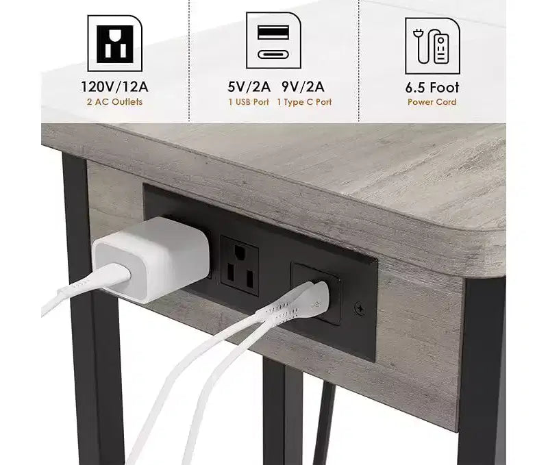 C-Shaped Foldable Side Table with Built-In Charging Station, USB Ports, and Outlets for Living Room and Bedroom - Compact, Narrow Design