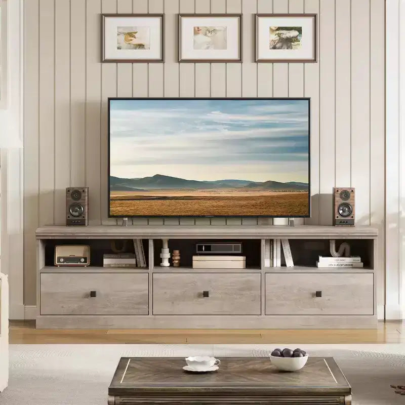Meuble TV en bois Acekool pour téléviseur de 75 pouces, meuble de divertissement moderne du milieu du siècle avec 3 tiroirs pour salon
