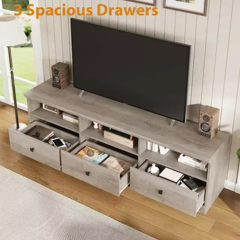 Meuble TV en bois Acekool pour téléviseur de 75 pouces, meuble de divertissement moderne du milieu du siècle avec 3 tiroirs pour salon