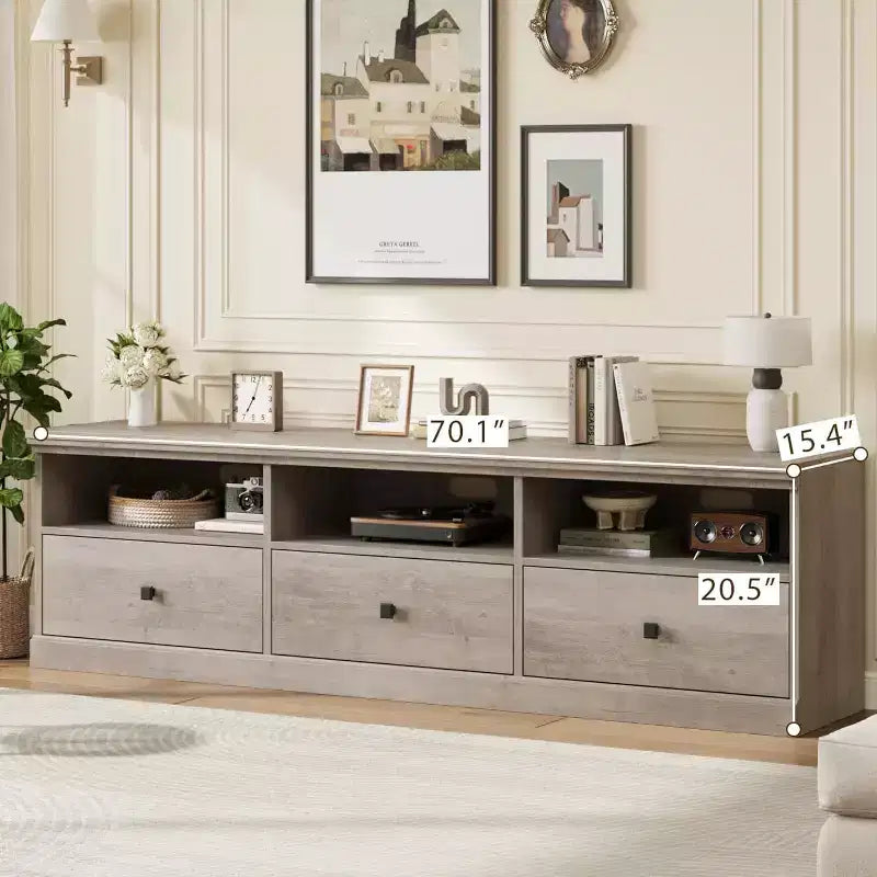 Meuble TV en bois Acekool pour téléviseur de 75 pouces, meuble de divertissement moderne du milieu du siècle avec 3 tiroirs pour salon